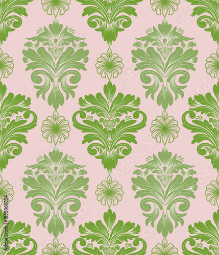 Damask seamless pattern with green leaves, vintage design, vector illustration elegant for textile, wall paper, bedding, curtains, cushion cover, rug, upholstery fabric, fashion, wrap, Baroque style