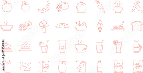 Food and drink icon set in pink-and-white line style featuring fruits, vegetables, beverages, desserts, and packaged goods
