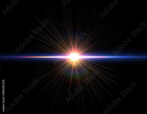 Central burst of light with radiating beams against a dark, featureless backdrop