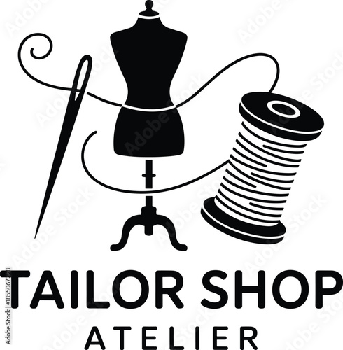 Tailor shop atelier logo design with mannequin needle and thread, elegant black and white fashion sewing brand identity