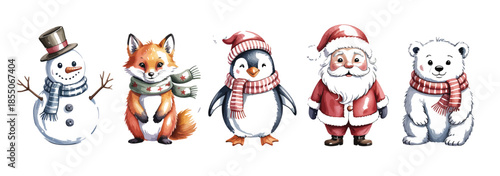 fox, polar bear, penguin, snowman and santa claus set of watercolor characters isolated on white background, cute hand painted winter animal collection for christmas.
