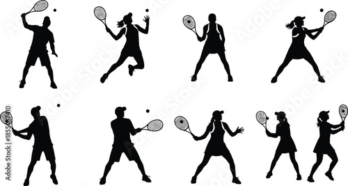 Set of black silhouettes of male and female tennis players with rackets hitting balls isolated on white background for sports.