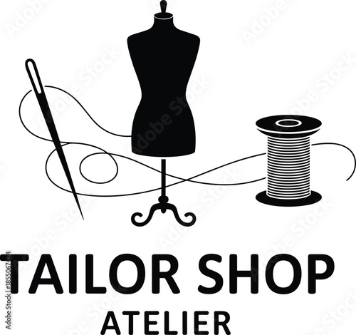 Tailor shop atelier logo design with mannequin needle and thread, elegant black and white fashion sewing brand identity