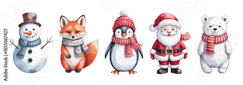 fox, polar bear, penguin, snowman and santa claus set of watercolor characters isolated on white background, festive holiday elements for greeting cards and invitations.