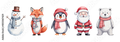 fox, polar bear, penguin, snowman and santa claus set of watercolor characters isolated on white background, cute hand painted winter animal collection for christmas.