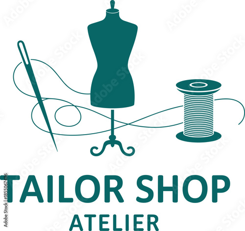 Tailor shop atelier logo design with mannequin needle and thread, elegant black and white fashion sewing brand identity