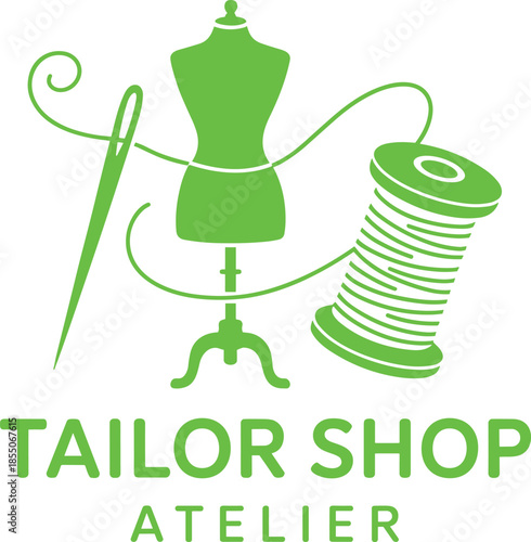 Tailor shop atelier logo design with mannequin needle and thread, elegant black and white fashion sewing brand identity