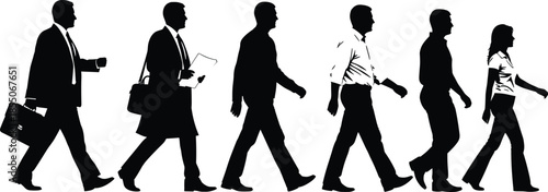 Black silhouettes of business people and professionals walking with bags and briefcases isolated on white background for commuting and corporate travel.