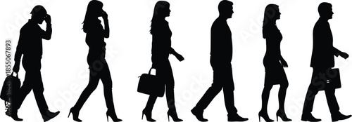 Black silhouettes of business people walking with bags and talking on phones isolated on white background for commuting and corporate travel.