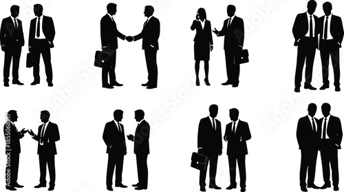 Black silhouettes of business people shaking hands and talking in formal suits isolated on white background for corporate partnership and networking.