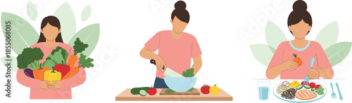 Healthy eating process illustration showing fresh produce selection, vegetable preparation, and balanced meal consumption for nutrition awareness