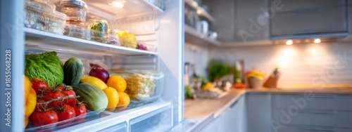 an open refrigerator stocked with a variety of fresh fruits, vegetables, and some beverages
