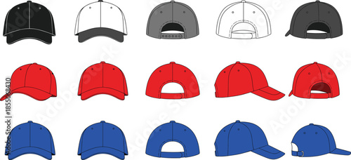 Baseball cap vector illustration set with front, side, and back views in multiple colors, casual headwear designs for fashion, sports, and branding use