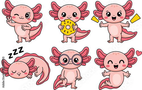 Cute axolotl cartoon character set with different emotions, kawaii animal illustrations for stickers, kids design, emojis, branding
