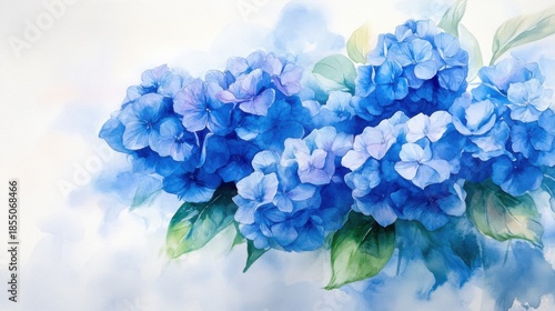 delicate watercolor painting of blooming blue hydrangea cluster, soft shadows and highlights, white background