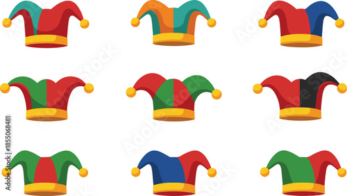 Colorful jester hat vector illustration set with festive carnival headwear, joker costume accessories for circus, festival, party, and entertainment design themes
