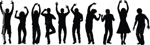 Black silhouettes of happy people dancing and celebrating at a party or music concert isolated on white background for event.