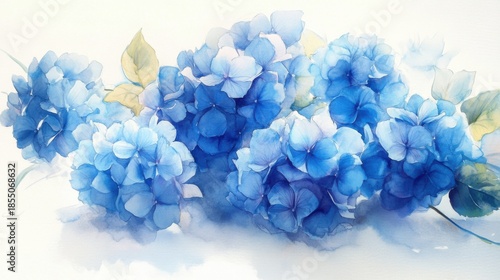 delicate watercolor painting of blooming blue hydrangea cluster, soft shadows and highlights, white background