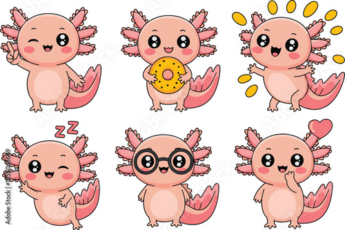 Cute axolotl cartoon character set with different emotions, kawaii animal illustrations for stickers, kids design, emojis, branding