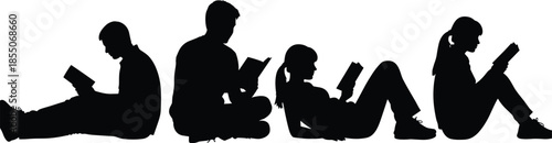 Black silhouettes of people reading books while sitting and lying down isolated on white background for education and library concepts.