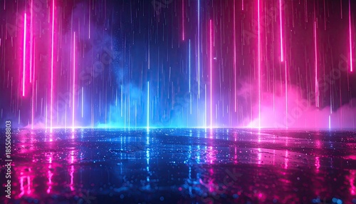 Futuristic scene with neon lights illuminating a reflective surface, and vibrant pink and blue colors
