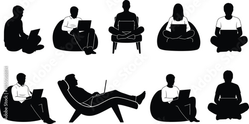 Black silhouettes of people working on laptops while sitting in bean bag chairs and reclining isolated on white background for.