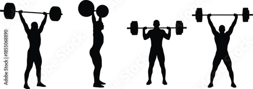Black silhouettes of weightlifters lifting heavy barbells overhead isolated on white background for gym fitness bodybuilding and athletic sport training promotion.