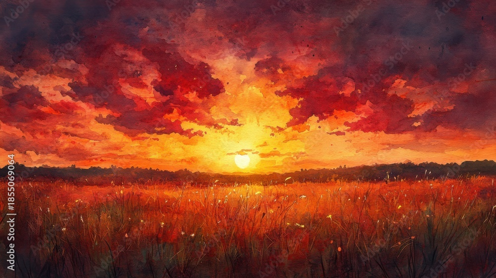 Fototapeta premium dramatic sunset with fiery red-orange sky and scattered clouds, traditional watercolor