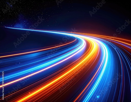 Colorful streaks of light create curving paths against a dark, starry background