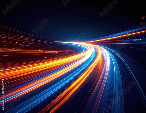 Abstract long exposure shot of curving light trails with blue, orange, and yellow hues