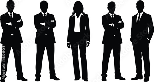 Collection of black silhouettes of business people and corporate professionals in formal suits standing isolated on white background for teamwork.