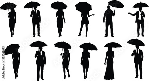 Collection of black silhouettes of business people and professionals holding umbrellas isolated on white background for rainy weather and commuting.