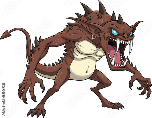 Cartoon monster creature, fierce fantasy beast, muscular spiked villain, aggressive roar pose, mythical character design with claws - flat vector illustration