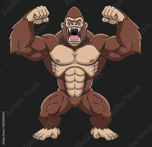 Cartoon muscular gorilla character, flexing pose, powerful beast, aggressive roar, strong animal icon, wild strength display - flat vector illustration