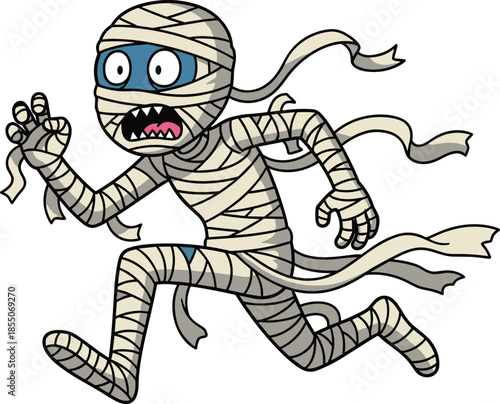 Cartoon mummy character running, wrapped bandages motion, Halloween monster chase pose, ancient Egyptian undead icon - flat vector illustration