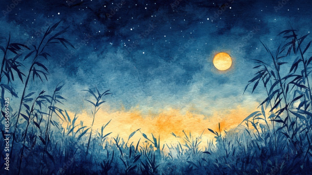 Naklejka premium dreamy bamboo grass scene painted in watercolor under starry midnight sky