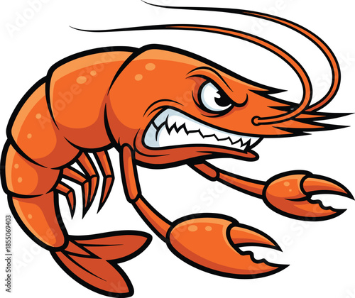 Aggressive cartoon shrimp character, fierce crustacean, orange lobster mascot, angry sea creature, segmented body, clenched claws, bold seafood icon - flat vector illustration