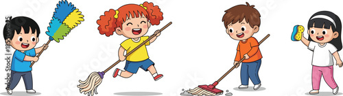Cartoon kids cleaning together, teamwork hygiene activity, cheerful children chores, mop sponge duster tools, cleanliness concept scene - flat vector illustration