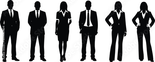 Collection of black silhouettes of business people in professional suits standing isolated on white background for corporate identity and teamwork.