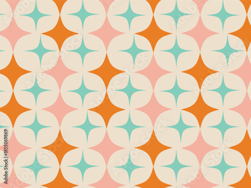 This mid-century modern geometric pattern features a repeating grid of alternating spiky star shapes. Teal four-pointed stars are set within cream circles, arranged alongside rows of solid orange star