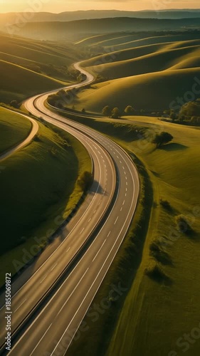 Aerial Sunset Highway Passing Through Rolling Hills