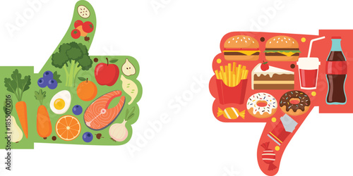 Healthy vs unhealthy food icons in thumbs-up and thumbs-down hands for nutrition awareness and dietary choice illustration