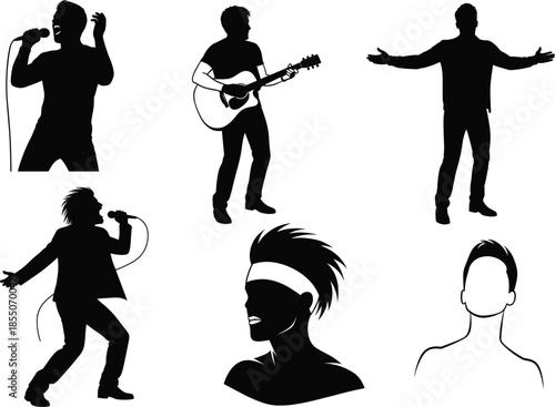 “Expressive Music Performer Silhouettes – Singing, Guitar, Profile Icons”