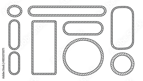 borders collection of rope frames isolated, round, oval, and square shapes featuring nautical cord textures, marine knots, brown twisted twine, and realistic decorative circle elements.