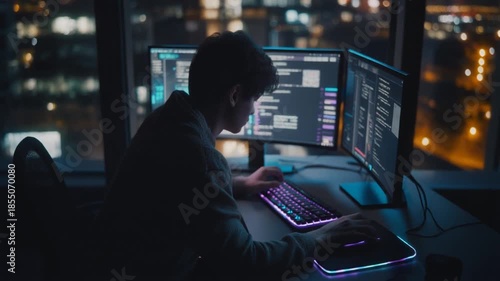 A dark, moody room illuminated only by dual monitors and soft RGB keyboard light.