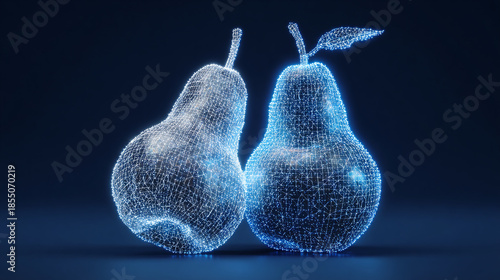 A digitally rendered image of two glowing pear shapes, presented in a futuristic, wireframe style, set against a dark, minimalist backdrop.