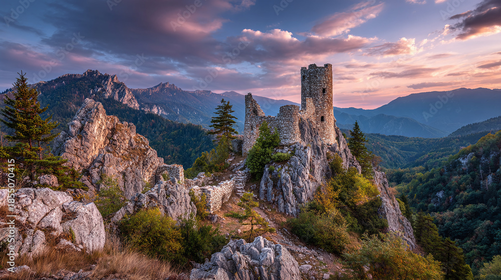 Fototapeta premium Ancient castle ruins stand atop a rocky peak as the sky paints a vibrant sunset canvas. Towering structure amidst a serene mountain backdrop.