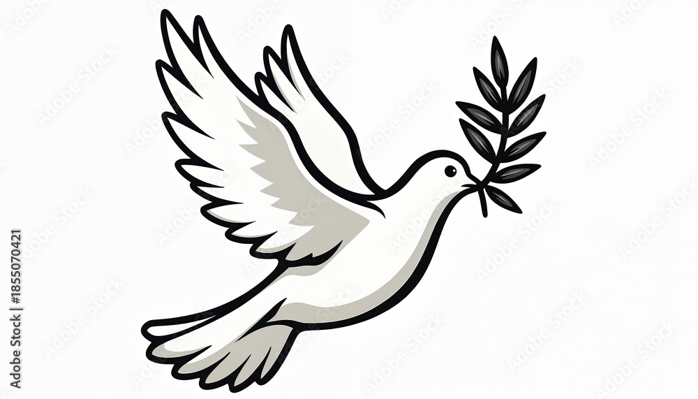 Obraz premium White dove flies carrying olive branch. Symbol of peace freedom hope love goodwill. Bird illustration for concepts like nature harmony spirituality end of conflict. Peaceful avian creature.