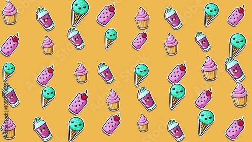 Ice cream cones and soda drinks illustrations, perfect for summer party invitations, menu designs, and foodrelated promotions.
