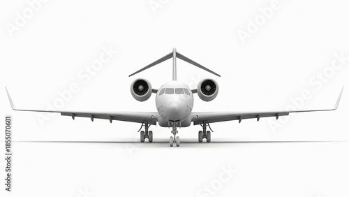 White jet airplane front view with two engines on wings aircraft